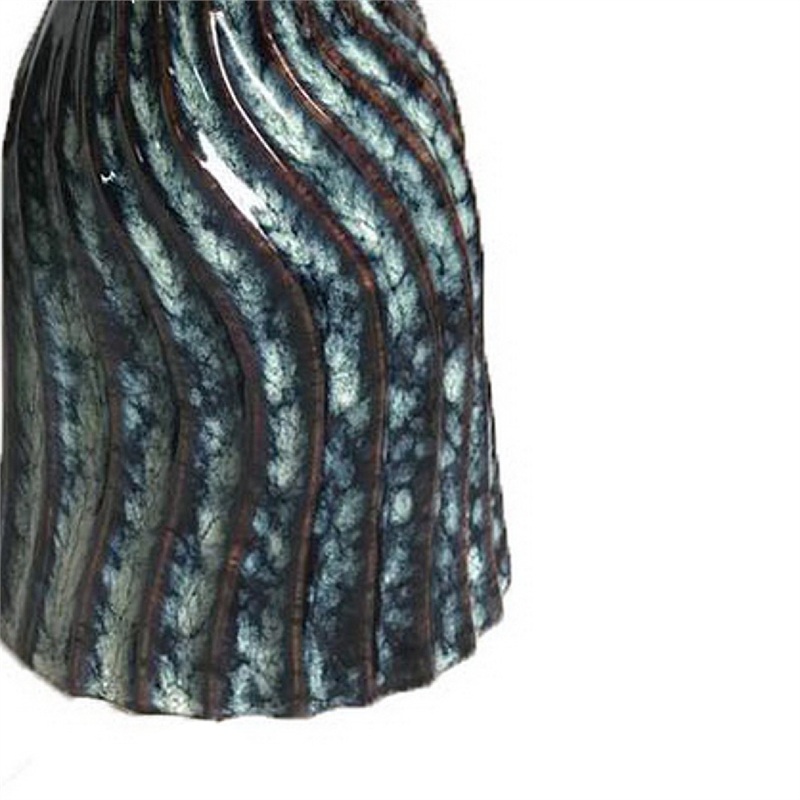 Decorative Vase- Fluted Hourglass Shape- Blue and Bronze Ceramic 16 Inch