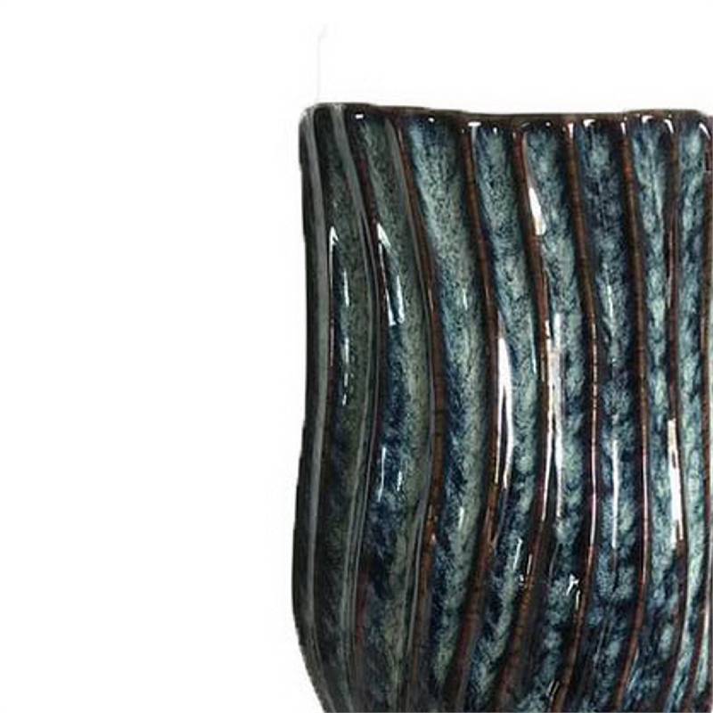 Decorative Vase- Fluted Hourglass Shape- Blue and Bronze Ceramic 16 Inch