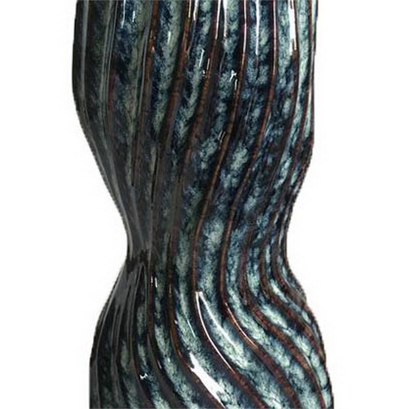 Decorative Vase- Fluted Hourglass Shape- Blue and Bronze Ceramic 16 Inch