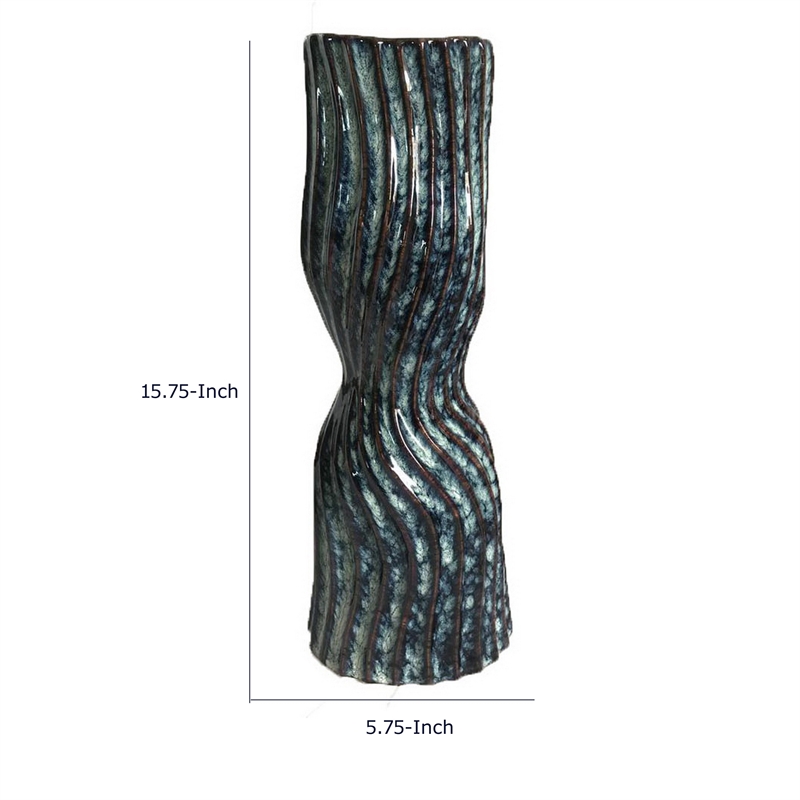 Decorative Vase- Fluted Hourglass Shape- Blue and Bronze Ceramic 16 Inch