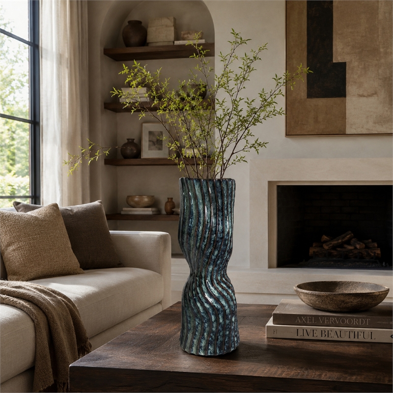 Decorative Vase- Fluted Hourglass Shape- Blue and Bronze Ceramic 16 Inch