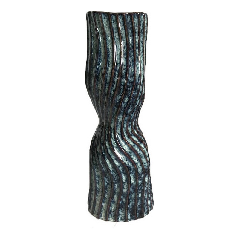 Decorative Vase- Fluted Hourglass Shape- Blue and Bronze Ceramic 16 Inch