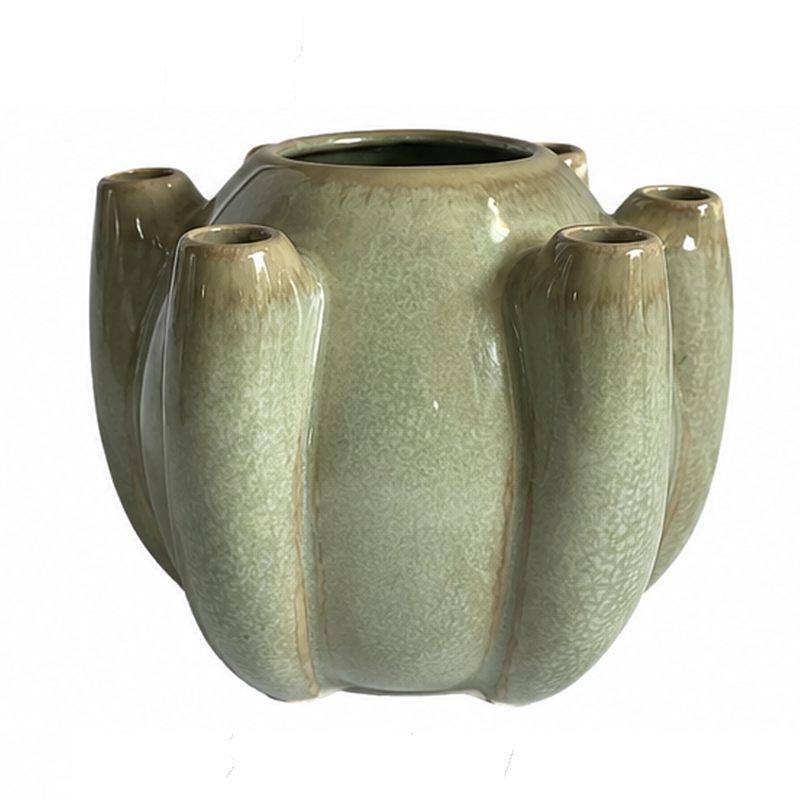 Tulipiere Vase- Crackled Texture- Sage Green and Brown Ceramic 9 Inch