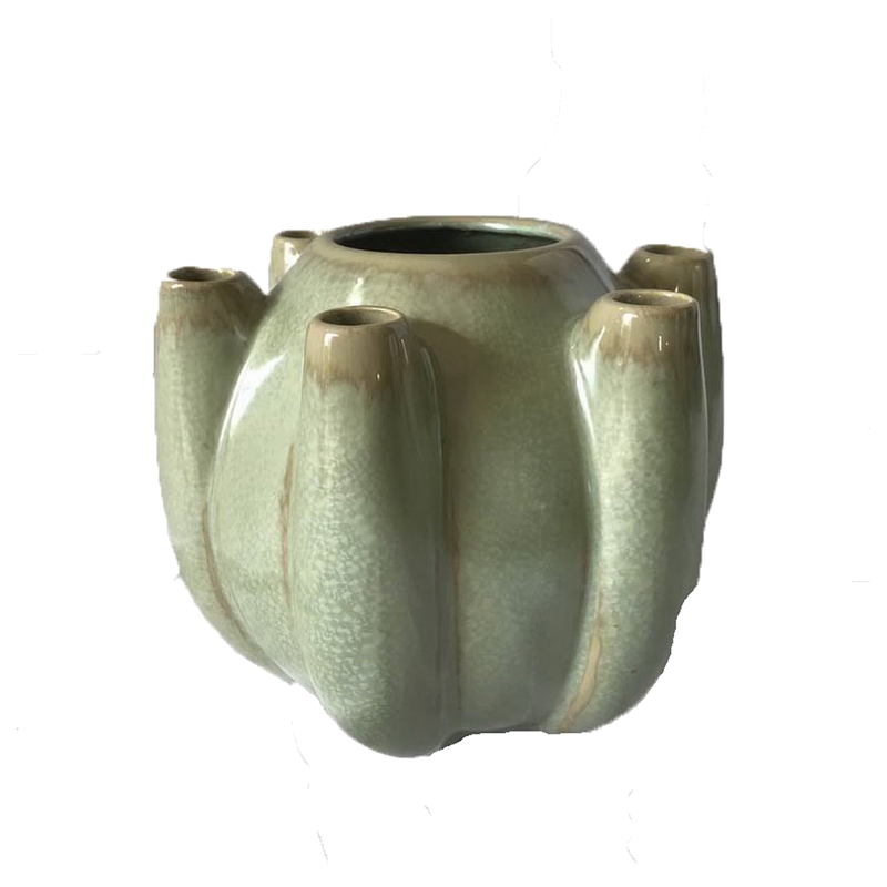 Tulipiere Vase- Crackled Texture- Sage Green and Brown Ceramic 9 Inch