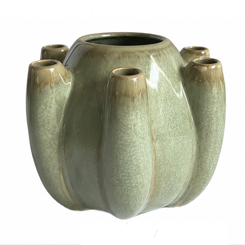Tulipiere Vase- Crackled Texture- Sage Green and Brown Ceramic 9 Inch