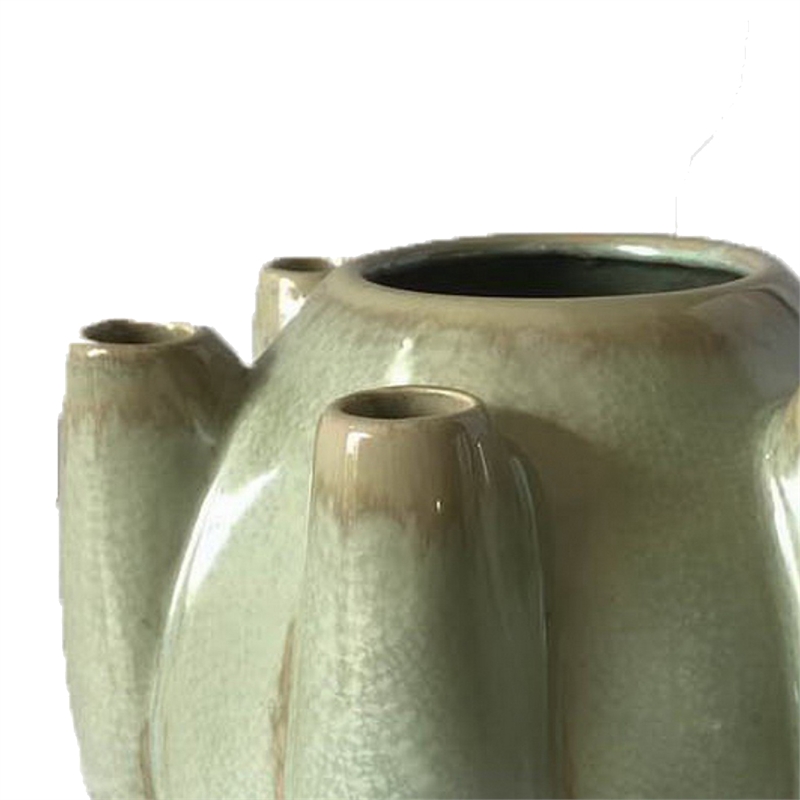 Tulipiere Vase- Crackled Texture- Sage Green and Brown Ceramic 9 Inch