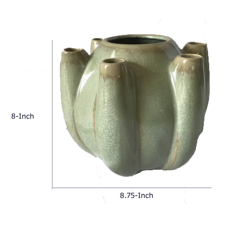 Tulipiere Vase- Crackled Texture- Sage Green and Brown Ceramic 9 Inch