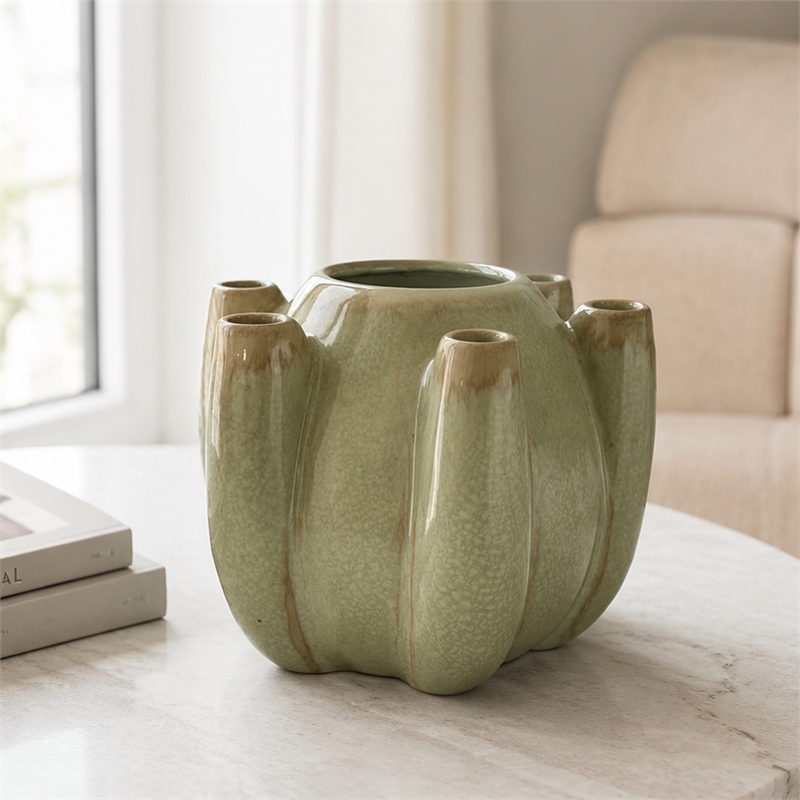 Tulipiere Vase- Crackled Texture- Sage Green and Brown Ceramic 9 Inch