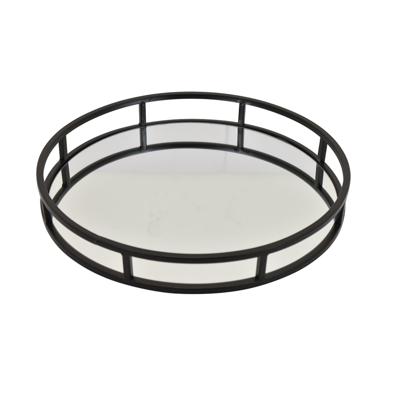 Shaya Round Tray- Gallery Frame w Rails- Glass- Black Metal 15 Inch