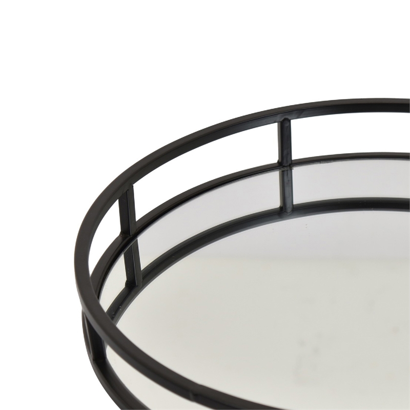 Shaya Round Tray- Gallery Frame w Rails- Glass- Black Metal 15 Inch