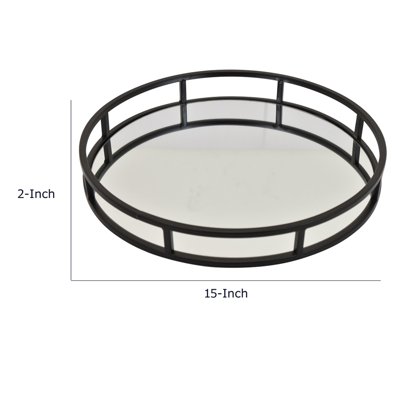 Shaya Round Tray- Gallery Frame w Rails- Glass- Black Metal 15 Inch