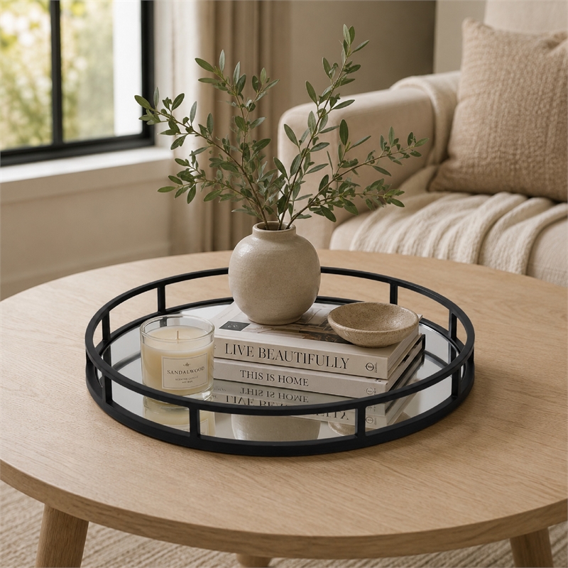 Shaya Round Tray- Gallery Frame w Rails- Glass- Black Metal 15 Inch