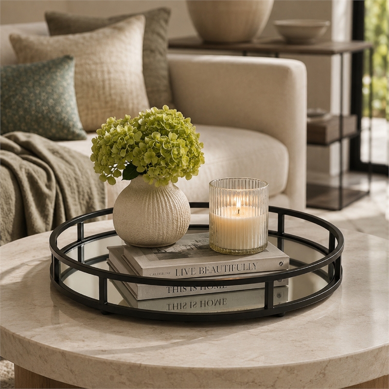 Shaya Round Tray- Gallery Frame w Rails- Glass- Black Metal 15 Inch