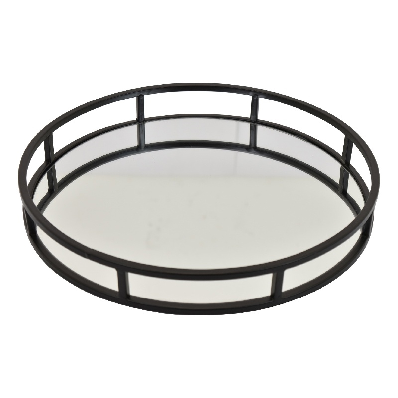 Shaya Round Tray- Gallery Frame w Rails- Glass- Black Metal 15 Inch