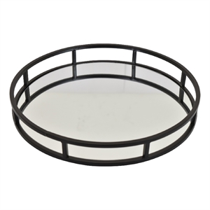 Shaya Round Tray- Gallery Frame w Rails- Glass- Black Metal 15 Inch