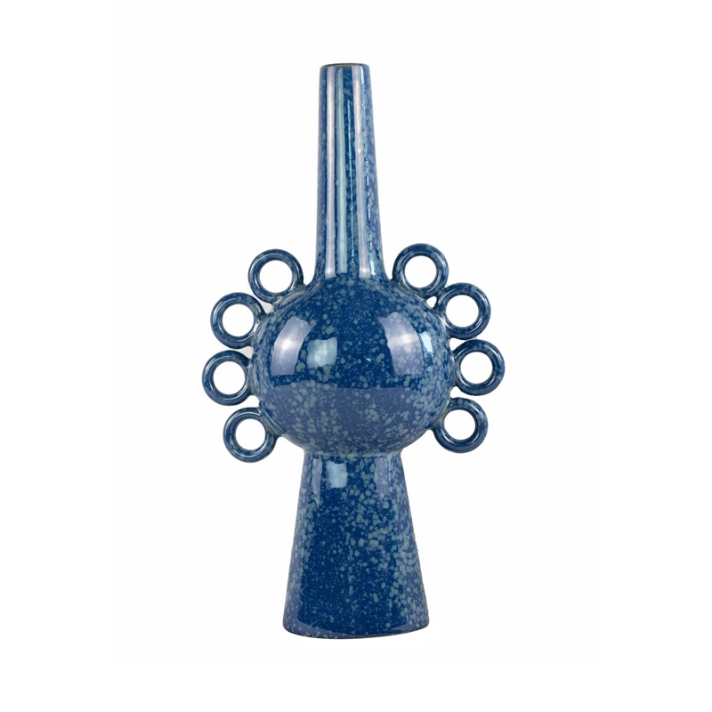 Orin Multi-Tier Sculptural Vase- Loop Handles Blue Speckled Ceramic 18 Inch