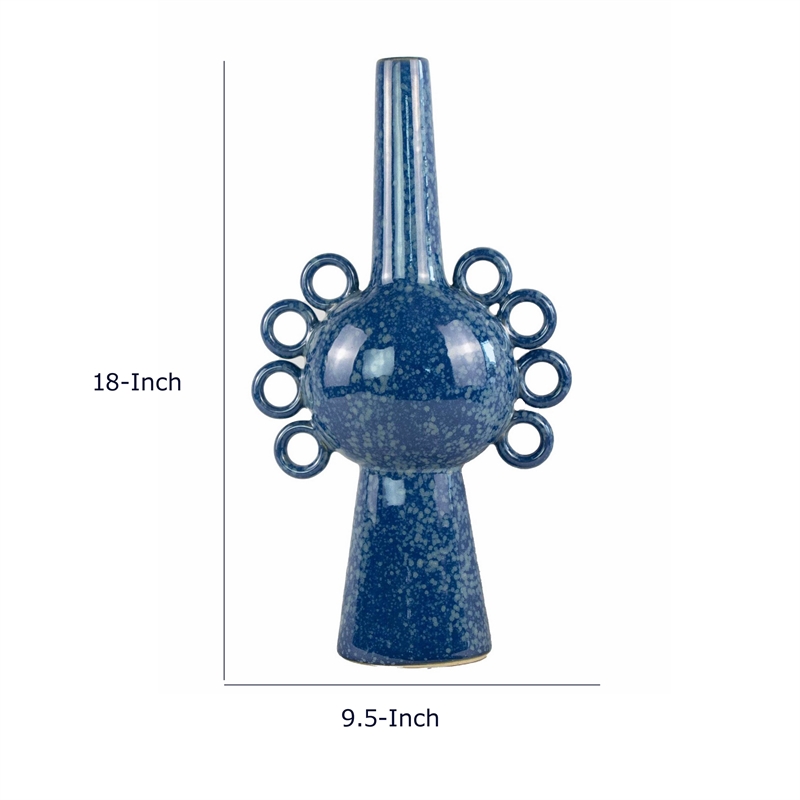 Orin Multi-Tier Sculptural Vase- Loop Handles Blue Speckled Ceramic 18 Inch