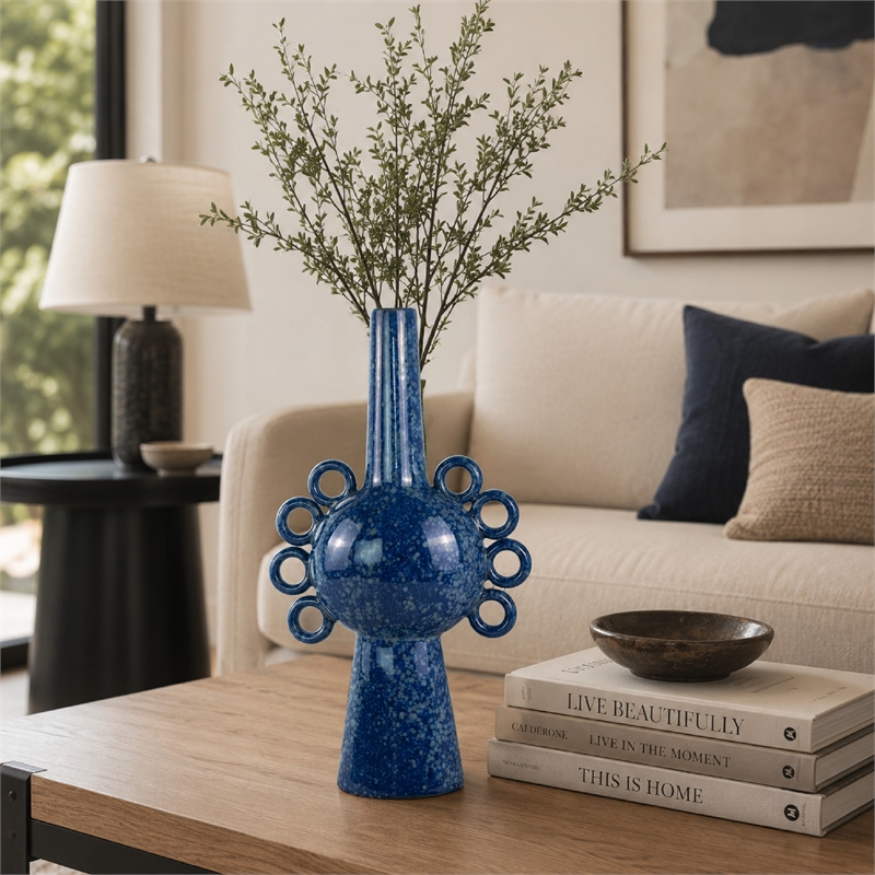 Orin Multi-Tier Sculptural Vase- Loop Handles Blue Speckled Ceramic 18 Inch
