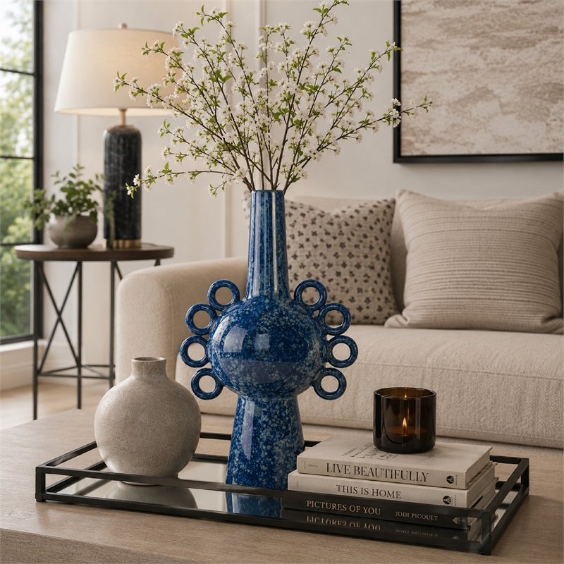 Orin Multi-Tier Sculptural Vase- Loop Handles Blue Speckled Ceramic 18 Inch