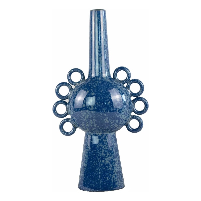 Orin Multi-Tier Sculptural Vase- Loop Handles Blue Speckled Ceramic 18 Inch