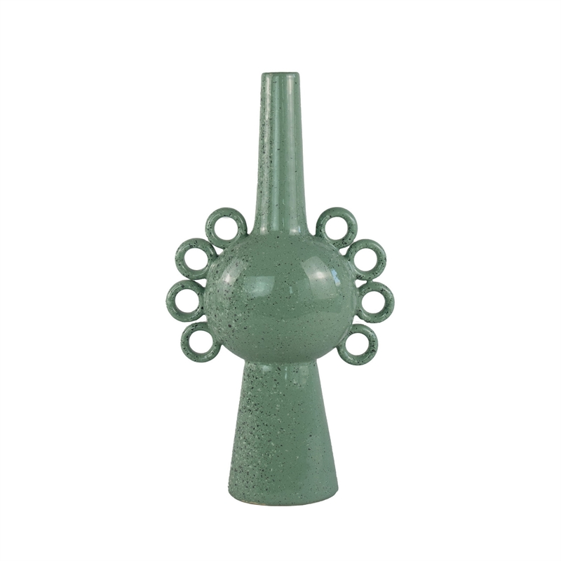Multi-Tier Sculptural Vase- Loop Handles Green Speckled Ceramic 18 Inch