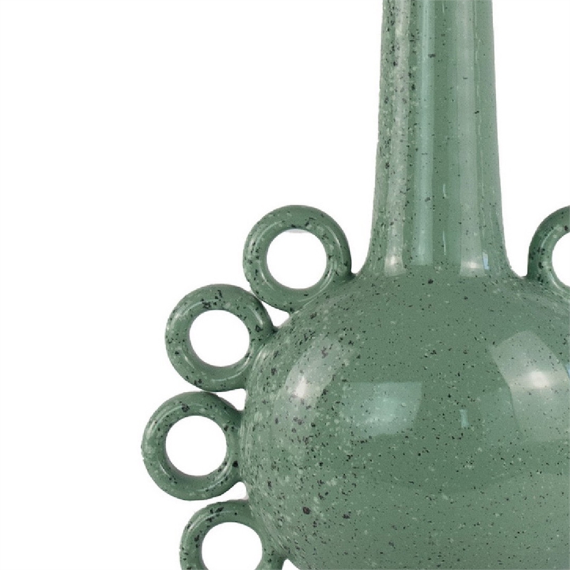 Multi-Tier Sculptural Vase- Loop Handles Green Speckled Ceramic 18 Inch