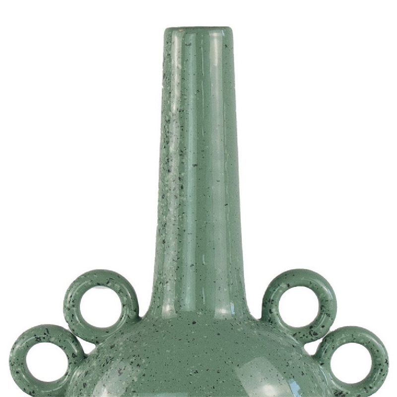 Multi-Tier Sculptural Vase- Loop Handles Green Speckled Ceramic 18 Inch