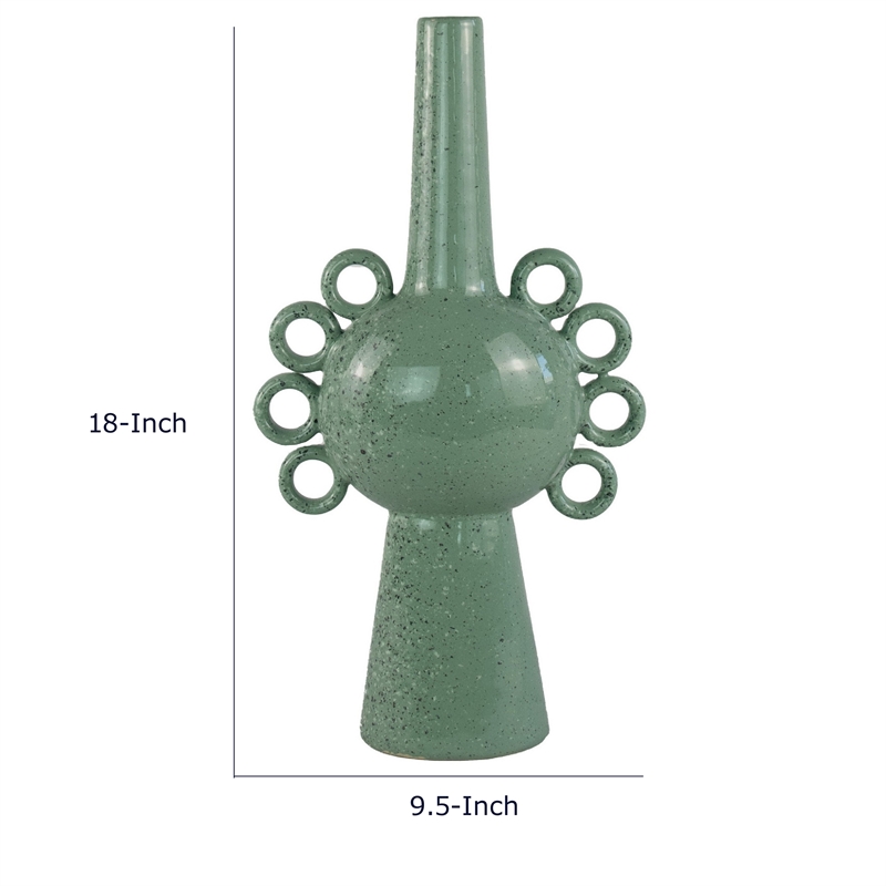 Multi-Tier Sculptural Vase- Loop Handles Green Speckled Ceramic 18 Inch