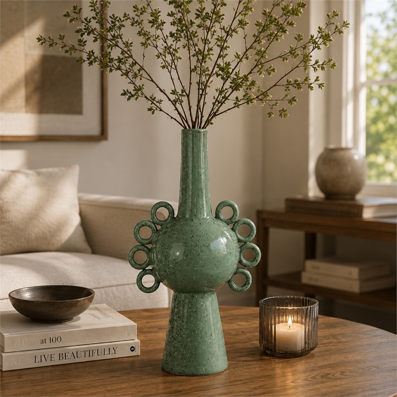 Multi-Tier Sculptural Vase- Loop Handles Green Speckled Ceramic 18 Inch