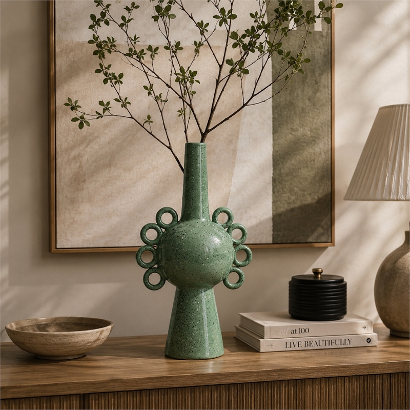 Multi-Tier Sculptural Vase- Loop Handles Green Speckled Ceramic 18 Inch