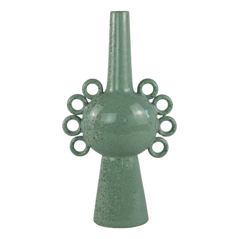 Multi-Tier Sculptural Vase- Loop Handles Green Speckled Ceramic 18 Inch