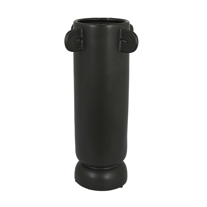 Dere Capsule Vase- Lug Handles- Pedestal- Matte Black Ceramic 16 Inch