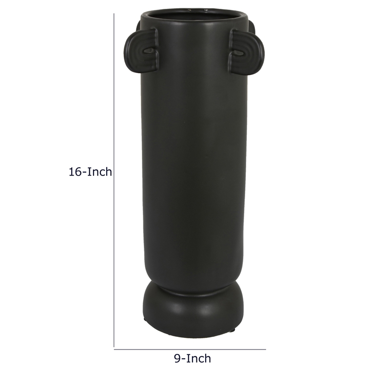 Dere Capsule Vase- Lug Handles- Pedestal- Matte Black Ceramic 16 Inch