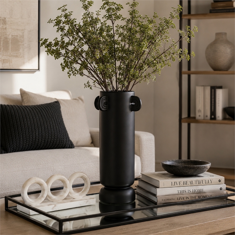Dere Capsule Vase- Lug Handles- Pedestal- Matte Black Ceramic 16 Inch