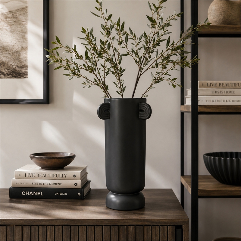 Dere Capsule Vase- Lug Handles- Pedestal- Matte Black Ceramic 16 Inch
