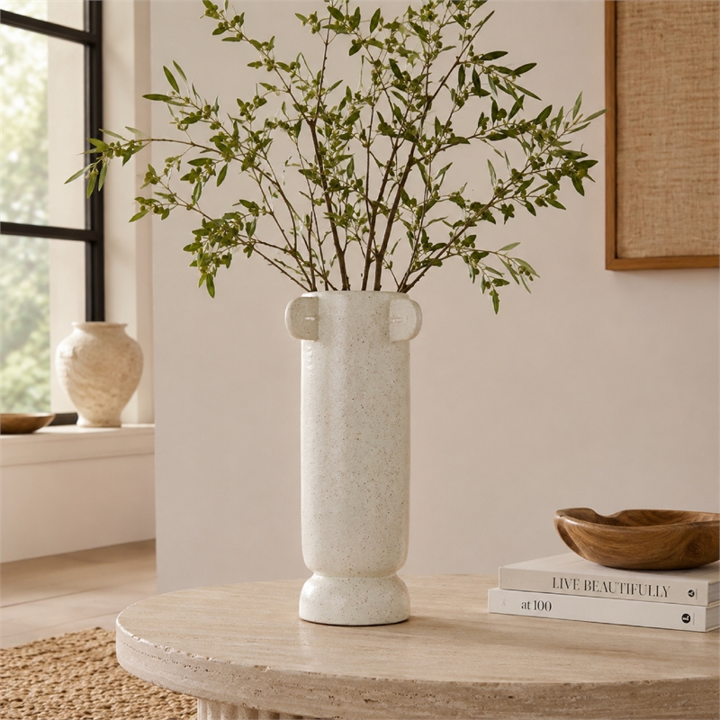 Dere Capsule Vase- Lug Handles- Pedestal- Matte White Ceramic 16 Inch
