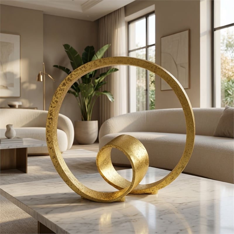 Tabletop Decor- Abstract Loop Sculpture- Textured Gold Resin 13 Inch