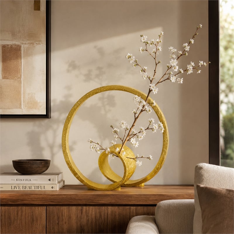 Tabletop Decor- Abstract Loop Sculpture- Textured Gold Resin 13 Inch