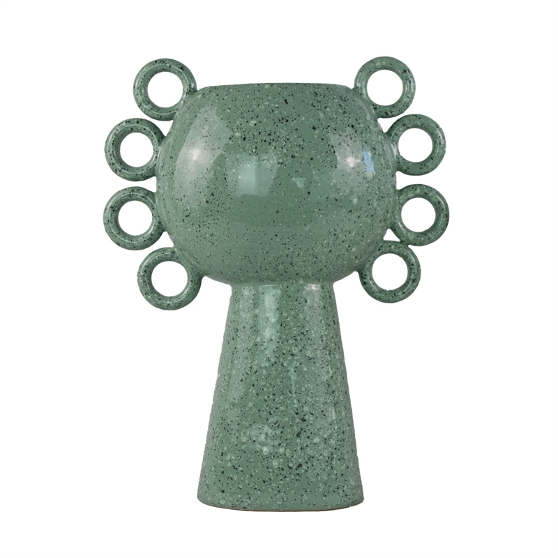 Orin Decorative Vase- 8 Loop Handles-  Green White Speckled Ceramic 15 Inch