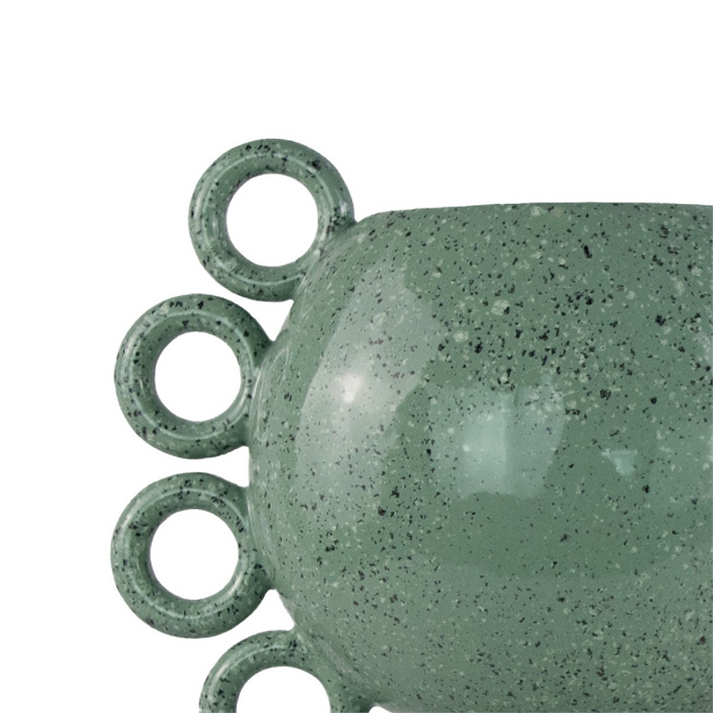 Orin Decorative Vase- 8 Loop Handles-  Green White Speckled Ceramic 15 Inch