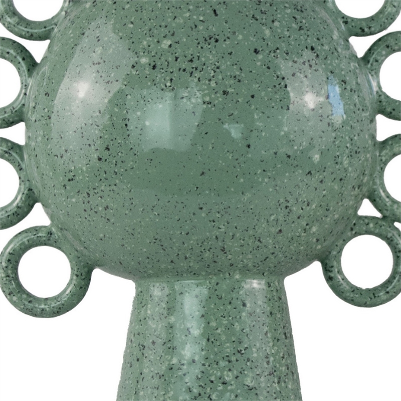 Orin Decorative Vase- 8 Loop Handles-  Green White Speckled Ceramic 15 Inch