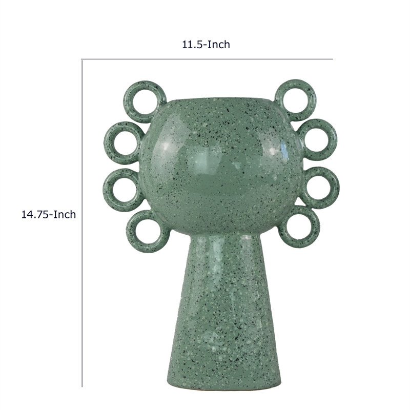 Orin Decorative Vase- 8 Loop Handles-  Green White Speckled Ceramic 15 Inch