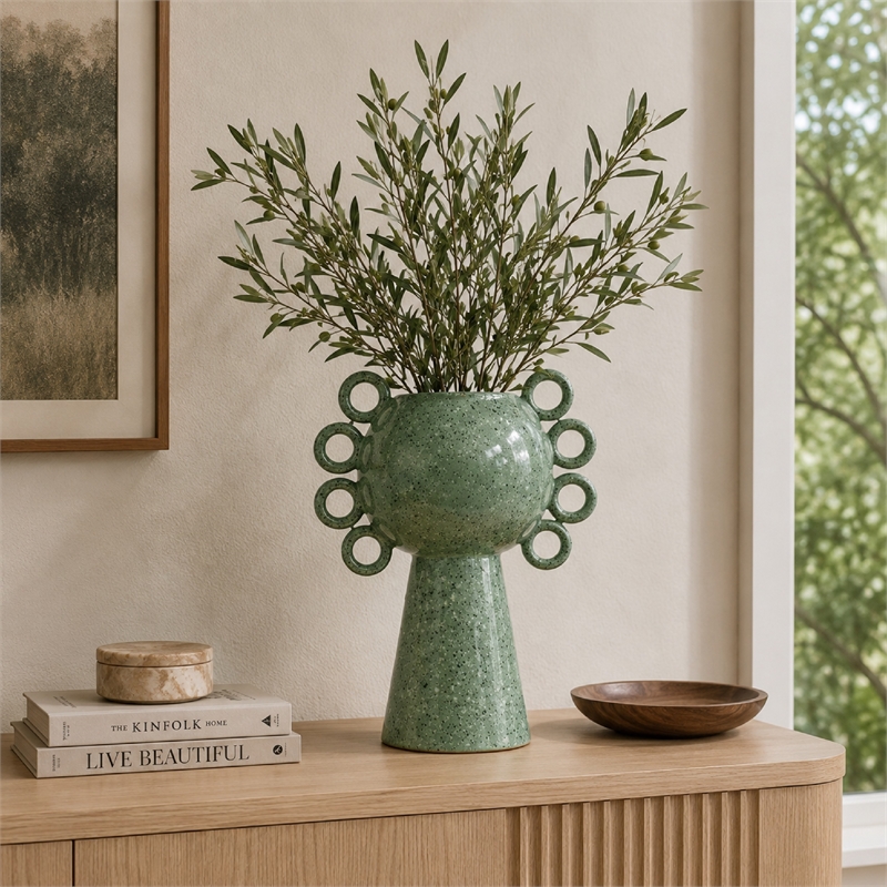 Orin Decorative Vase- 8 Loop Handles-  Green White Speckled Ceramic 15 Inch