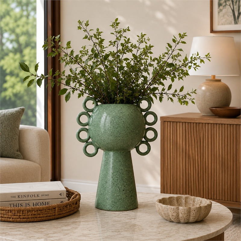 Orin Decorative Vase- 8 Loop Handles-  Green White Speckled Ceramic 15 Inch