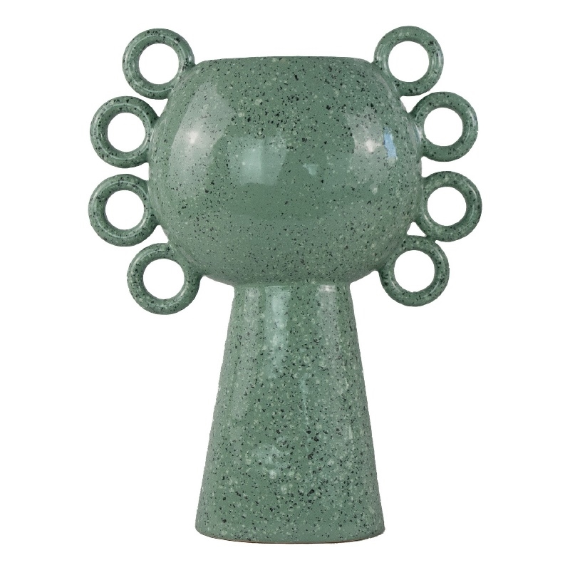 Orin Decorative Vase- 8 Loop Handles-  Green White Speckled Ceramic 15 Inch