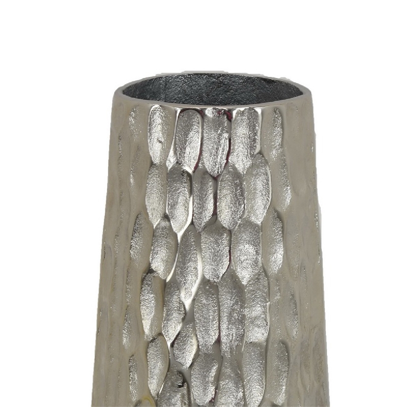 Tapered Decorative Vase with Textured Details- Silver Aluminum 19 Inch