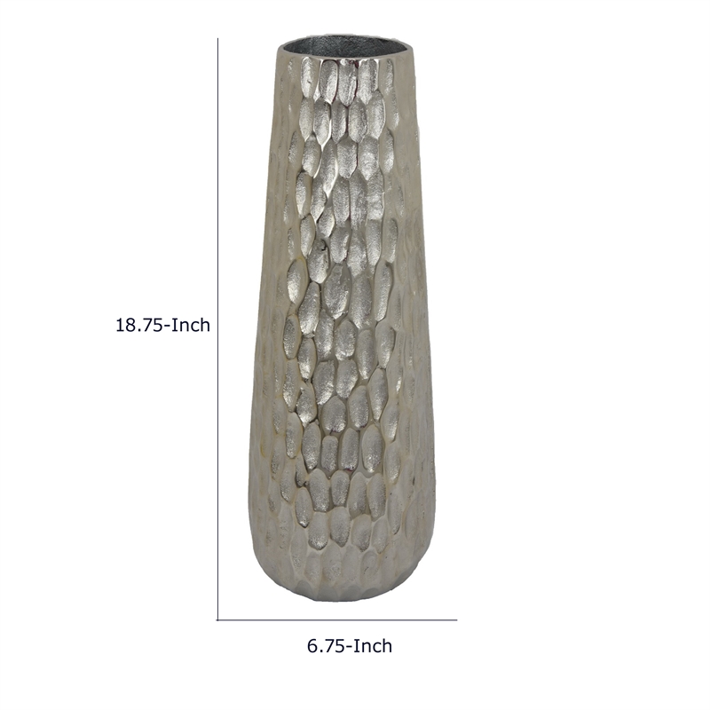 Tapered Decorative Vase with Textured Details- Silver Aluminum 19 Inch