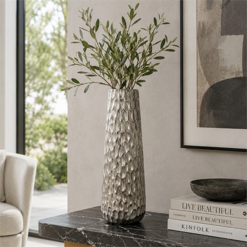 Tapered Decorative Vase with Textured Details- Silver Aluminum 19 Inch