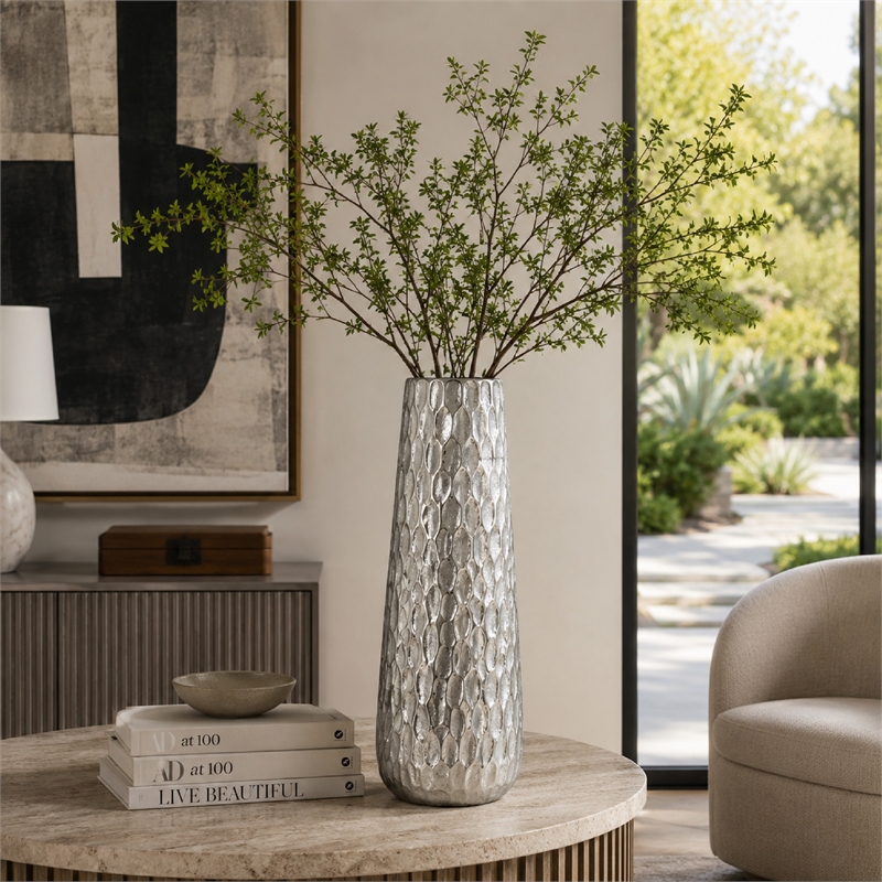 Tapered Decorative Vase with Textured Details- Silver Aluminum 19 Inch
