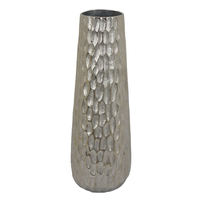 Tapered Decorative Vase with Textured Details- Silver Aluminum 19 Inch